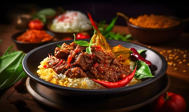 Delicious beef rendang served with rice and sambal Generative AI