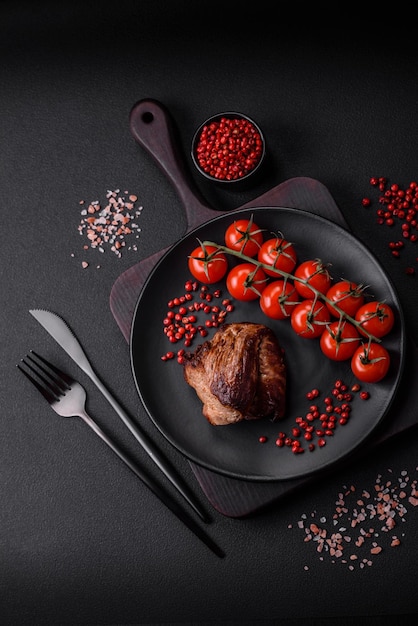 Delicious beef steak with salt spices and herbs on a ceramic plate