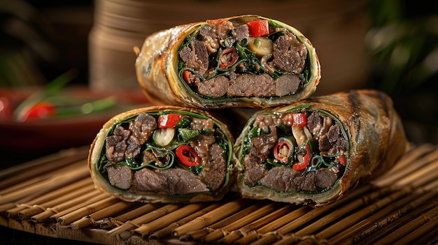 Photo delicious beef and vegetable spring rolls