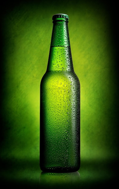 Delicious beer in bottle on green background