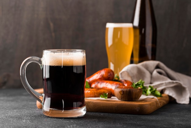 Delicious beer and sausages arrangement