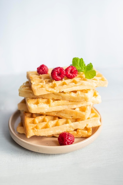 delicious belgian waffles for breakfast with raspberries