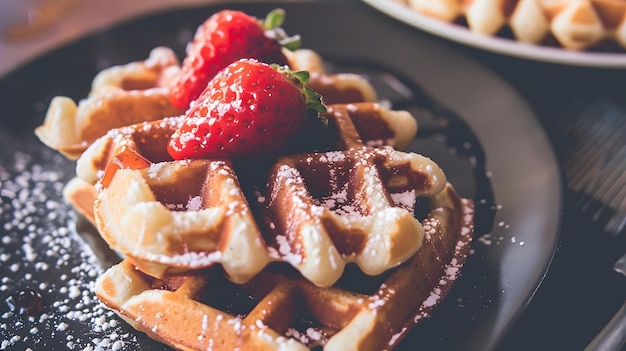 Photo delicious belgian waffles topped with fresh strawberries and powdered sugar on a black plate