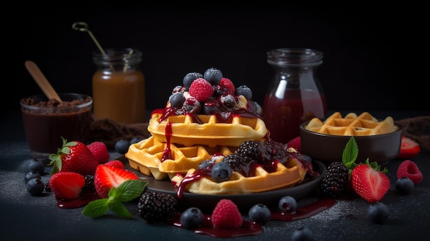 Delicious Belgian waffles with berries fruits whipped cream and various sweet fillingsGenerative AI