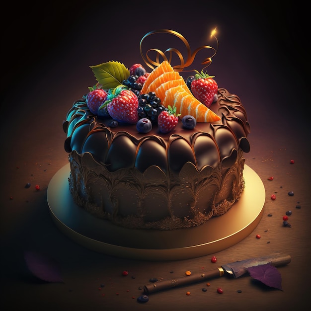 Delicious birthday cake anniversary One candle in a multilayered cake with chocolate Dessert sweet pastries 3d illustration