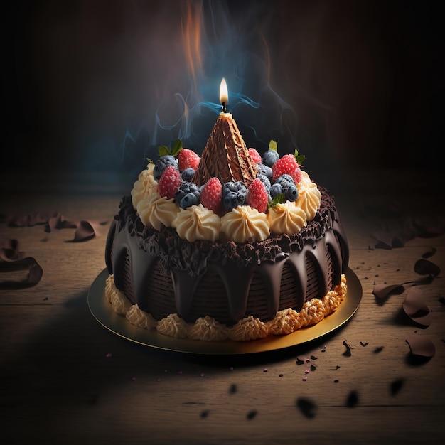 Delicious birthday cake anniversary One candle in a multilayered cake with chocolate Dessert sweet pastries