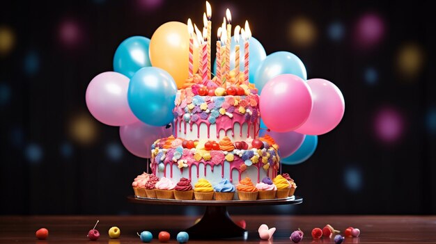 Delicious birthday cake with balloons