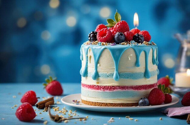 Delicious birthday cake with blue background