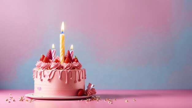 Delicious birthday cake with candle on pink background Backdrop with copy space