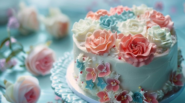 Delicious Birthday Cake with Icing Flowers CloseUp