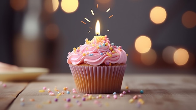 Delicious birthday cupcake on table on light background Generative AI