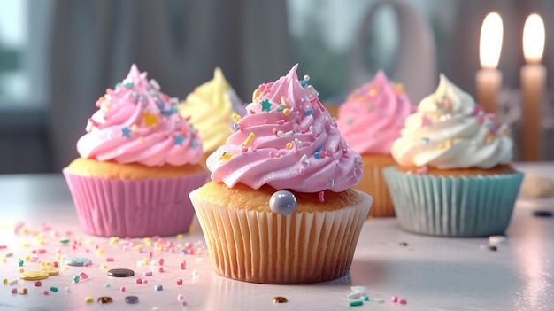 Delicious birthday cupcake on table on light background Generative AI