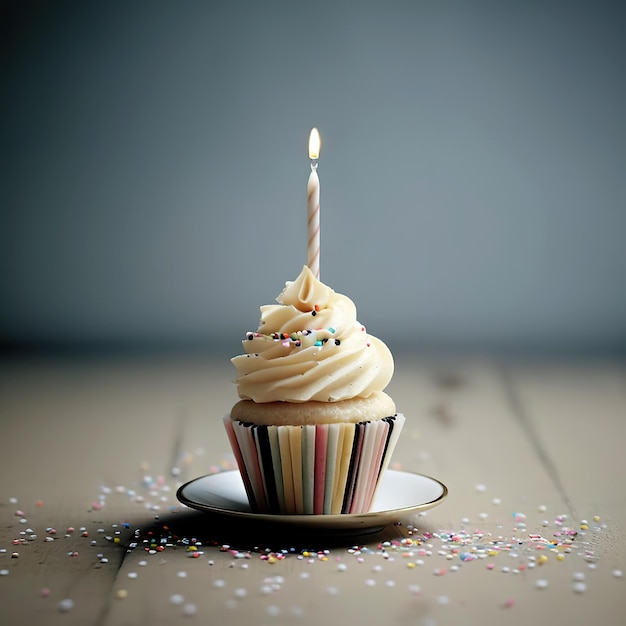 Delicious birthday cupcake on table