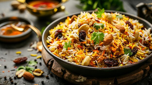 Photo delicious biryani with mixed nuts and raisins closeup image