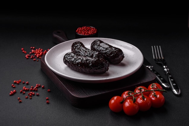 Delicious black blood sausage or black pudding with spices and herbs