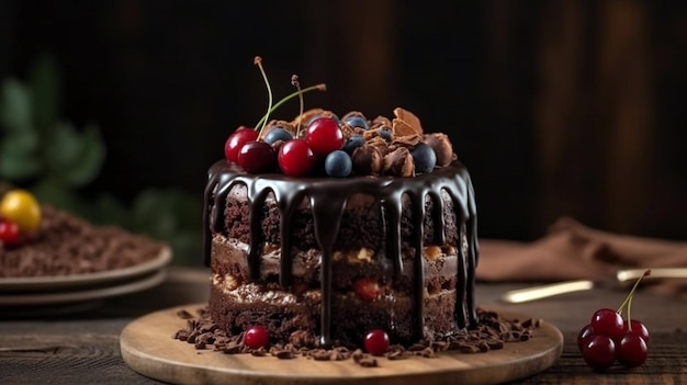 Delicious Black Forest Cherry Cake Schwarzwald pie dessert over a dark rustic wood table