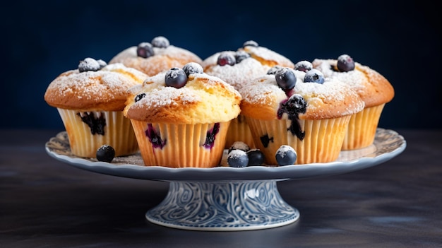 Delicious blueberry muffins on cake stand on the table