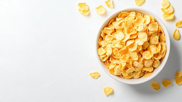 Delicious Bowl of Corn Flakes on White Background Top View