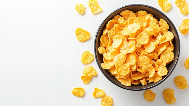 Delicious Bowl of Corn Flakes on White Background Top View