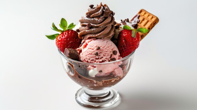 Delicious bowl of ice cream topped with chocolate and fresh strawberries Perfect for dessert menus or summer food concepts