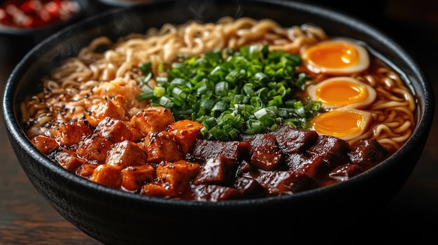 Photo delicious bowl of ramen noodles with tofu beef and eggs