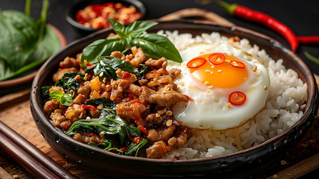 A delicious bowl of rice topped with spicy stirfried meat greens and a fried egg