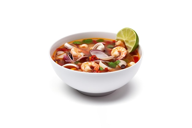 Delicious a bowl of Thai soup Tom Yam Kung with shrimps and clams isolated on white background