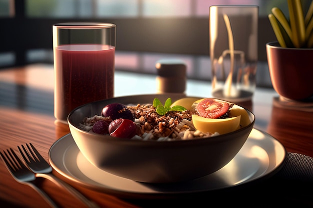 Delicious a bowl with fruits  blurred in the background