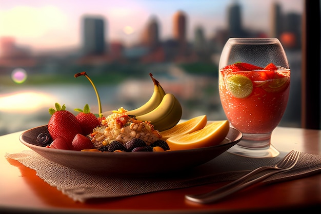 Delicious a bowl with fruits  blurred in the background