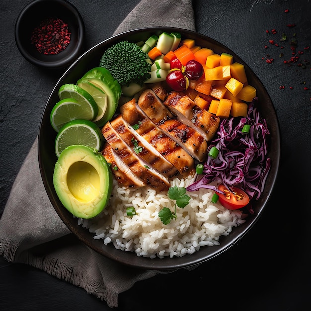 Delicious bowl with grilled chicken fresh vegetables rice on dark background Top view Generative AI