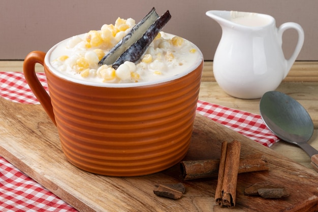 Delicious Brazilian dessert known as canjica Selective focus