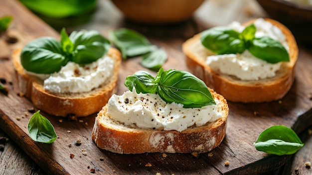 Delicious Bread with Cream Cheese and Fresh Basil Leaves