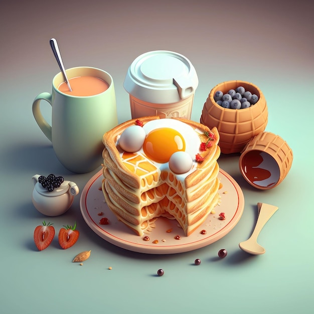 Delicious breakfast on blue background Healthy nutrition Generative AI