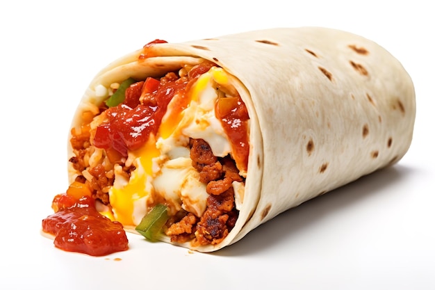 Delicious Breakfast Burrito with Hot Sauce isolated on white background