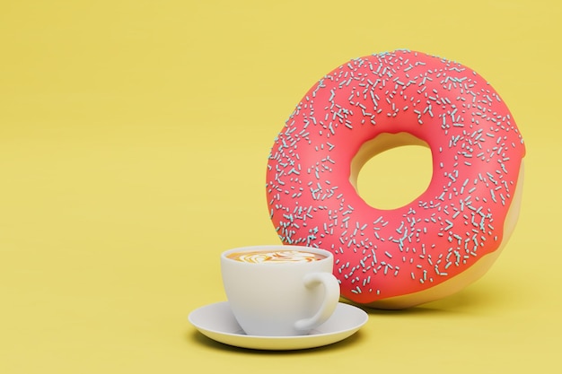 Delicious breakfast a cup of coffee and a donut with pink glaze on a yellow background copy paste