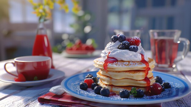 A delicious breakfast of pancakes with fresh berries and cream The perfect way to start your day