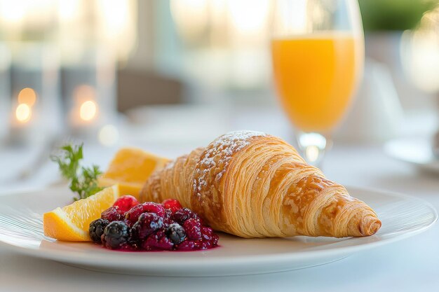 A delicious breakfast plate featuring a croissant berries orange slices and a drink