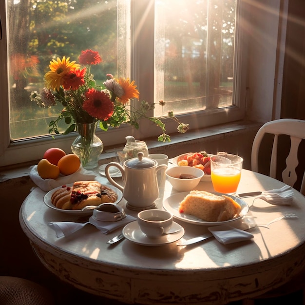 Photo delicious breakfast on round wooden table concept of delicious food generative ai