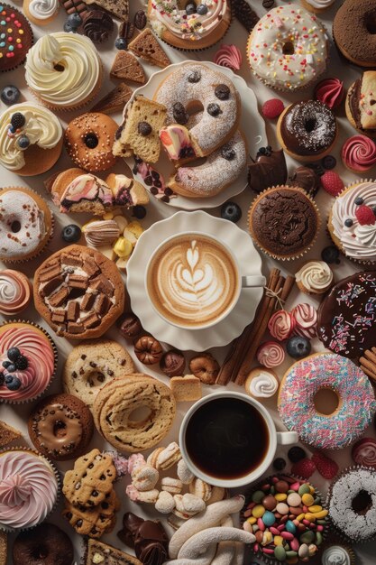 Photo delicious breakfast spread with coffee assorted cookies donuts cakes and cupcakes