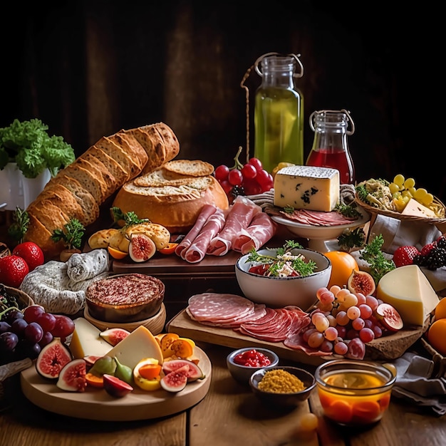 a delicious breakfast table with different breads cheese Sausage cold cuts salami dips fruit