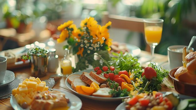 Delicious Breakfast Table with Fresh Fruit Bread and Juice Realistic Photo