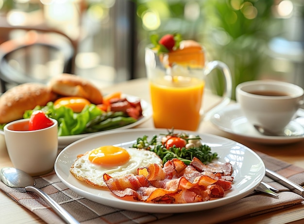 Photo delicious breakfast with bacon egg and fresh juice