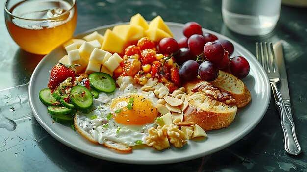 Photo delicious breakfast with fried egg toast fruits and nuts food photography