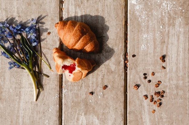 Delicious breakfast on wooden background