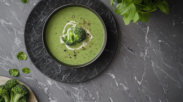 Photo delicious broccoli cream soup on grey marble table