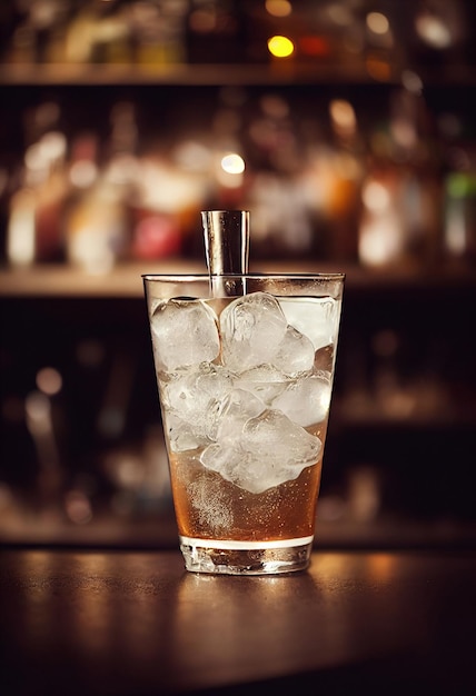 Delicious brown cocktail with ice and fruit located on the bar background with bottles