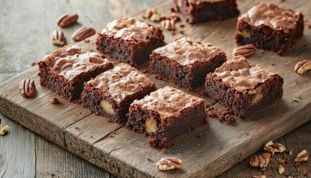 Delicious brownies with nuts arranged on a rustic wooden board showcasing a tempting dessert for sharing or indulging