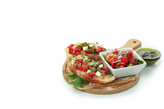 Delicious bruschetta snacks isolated on white background