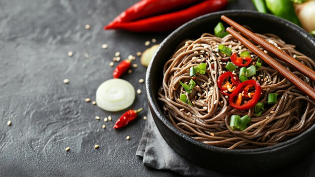 Photo delicious buckwheat soba noodles with spicy chili pepper and onion garnish