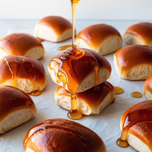 Delicious buns with honey and soft drink and fruit